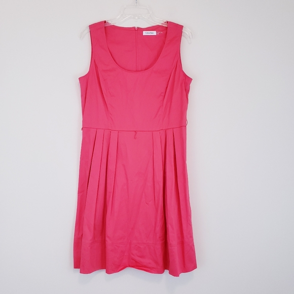 Calvin Klein Coral Pleated Sleeveless Dress Size 12 Cotton Fit & Flare - Picture 4 of 10